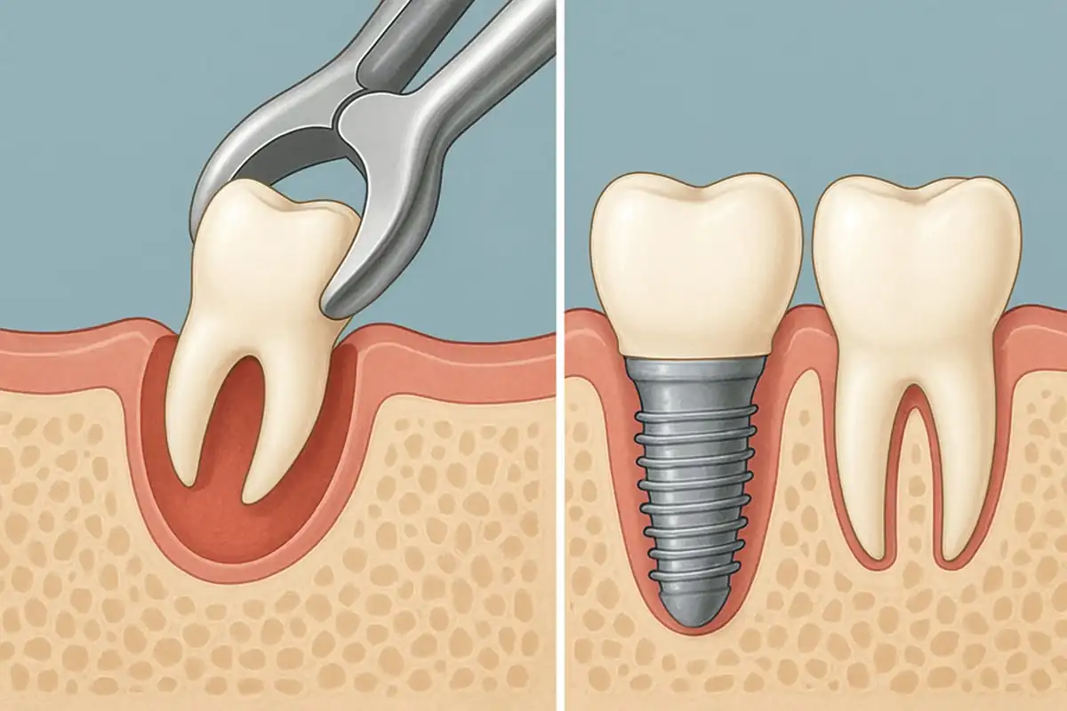 A medical illustration showing a tooth being extracted on the left and a dental implant placed in the jawbone on the right, demonstrating the tooth replacement process.